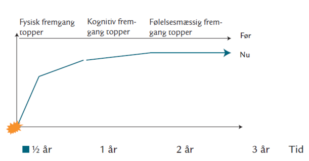 Graf der viser fysisk fremgang topper efter et halvt &aring;r, kognitiv fremgang topper efter 1 &aring;r og f&oslash;lelsesm&aelig;ssig fremgang topper efter 2 &aring;r