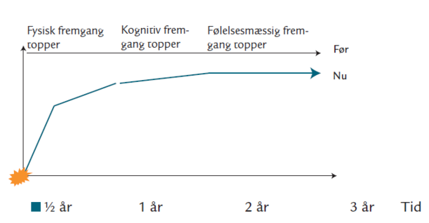 Graf der viser fysisk fremgang topper efter et halvt år, kognitiv fremgang topper efter 1 år og følelsesmæssig fremgang topper efter 2 år